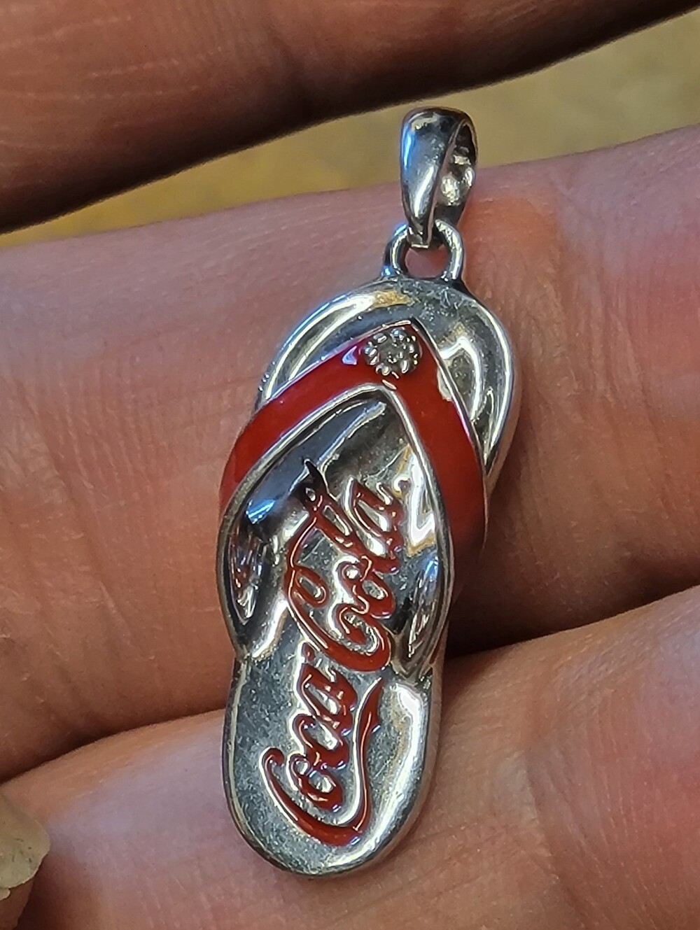 Rare 925 Sterling Silver Coca-Cola Diamond Flip-Flop Sandal Pendant Charm Vtg